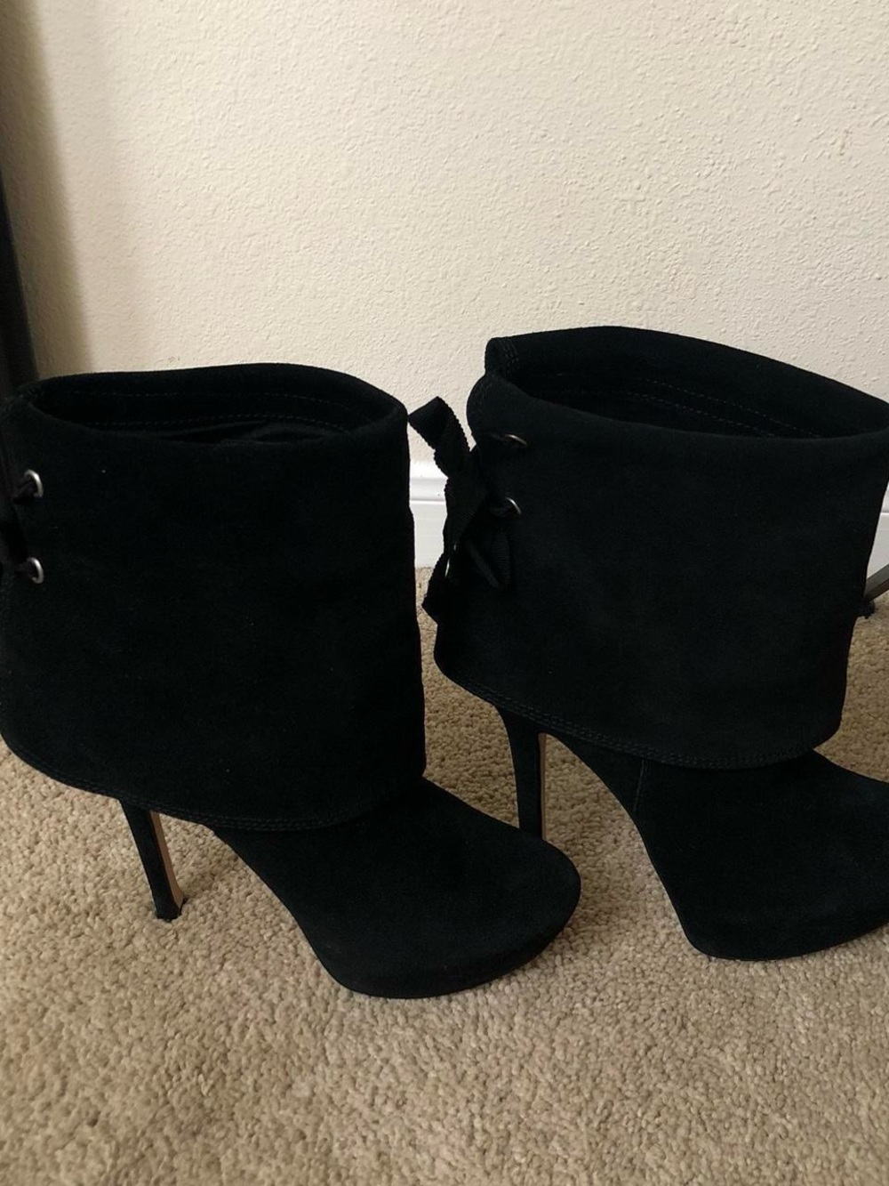 Black Suede Fold-Over Stiletto Ankle Boots